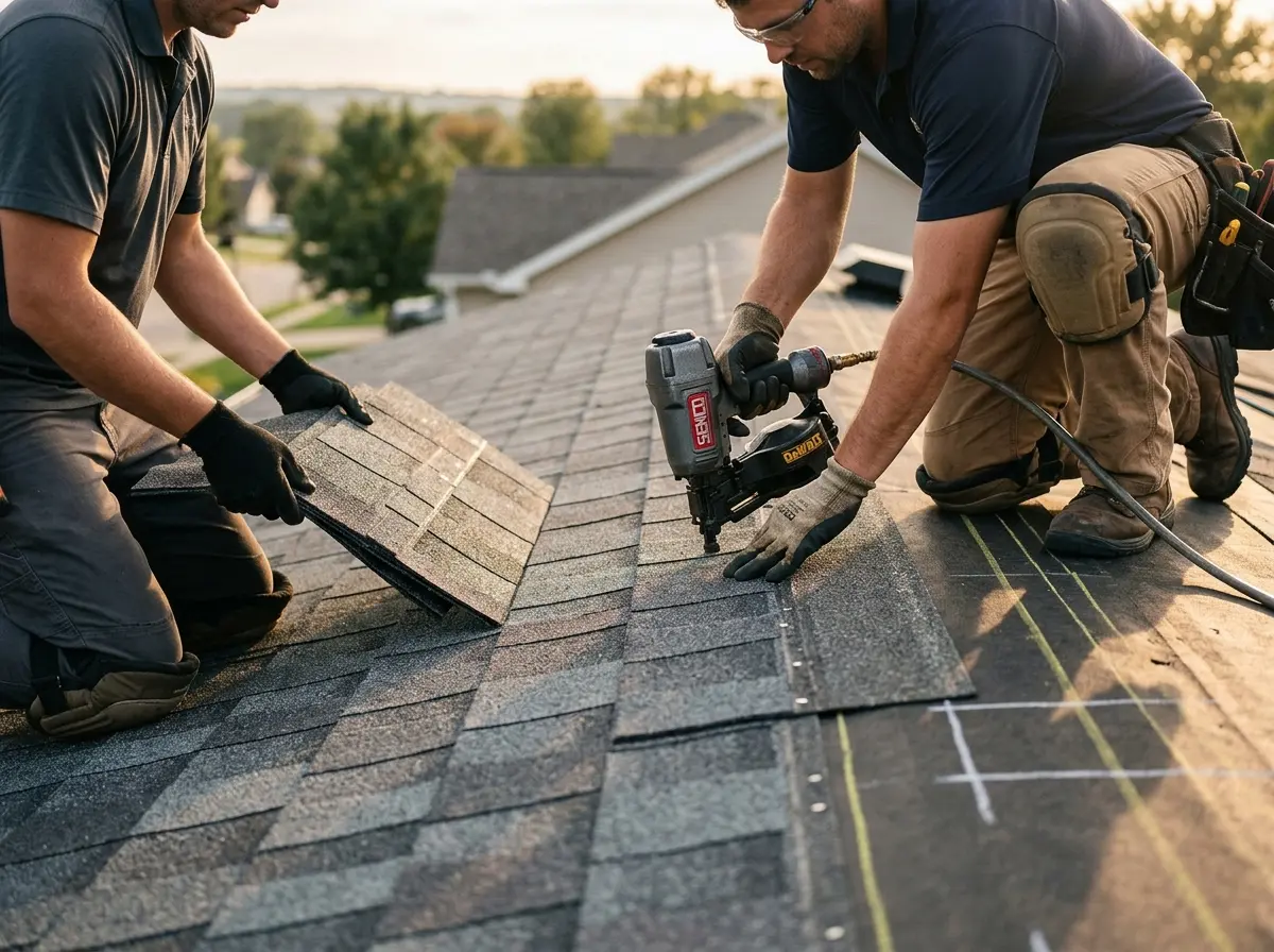Professional roofer working on a residential roof in Thompson
